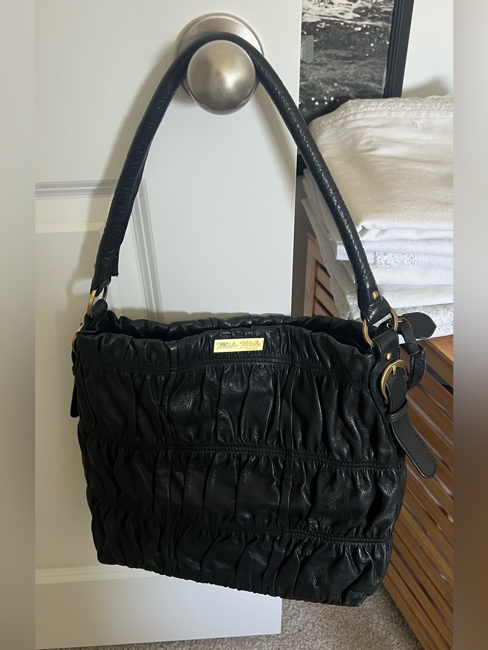 Mido Mido Black Ruched Shoulder Bag with Gold Plaque